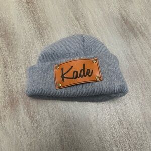 Gray Knit Beanie with “Kade” Leather Patch